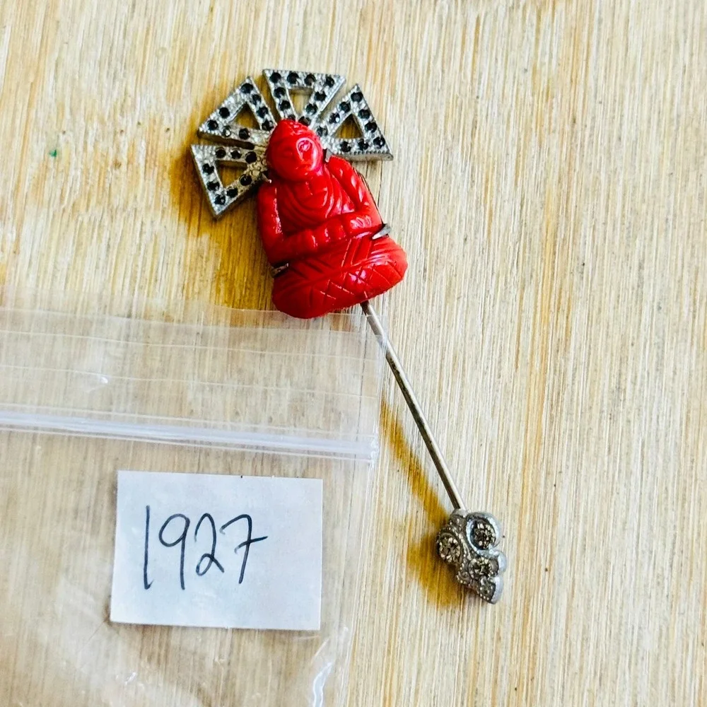 Buddha Faux Coral Glass Jabot Stick Pin VTG Antique Paste Rhinestone Art Deco